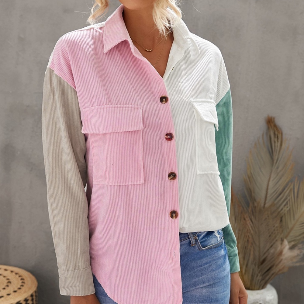 Pink Colorblock Button Down Blouse - Picture 3 of 4